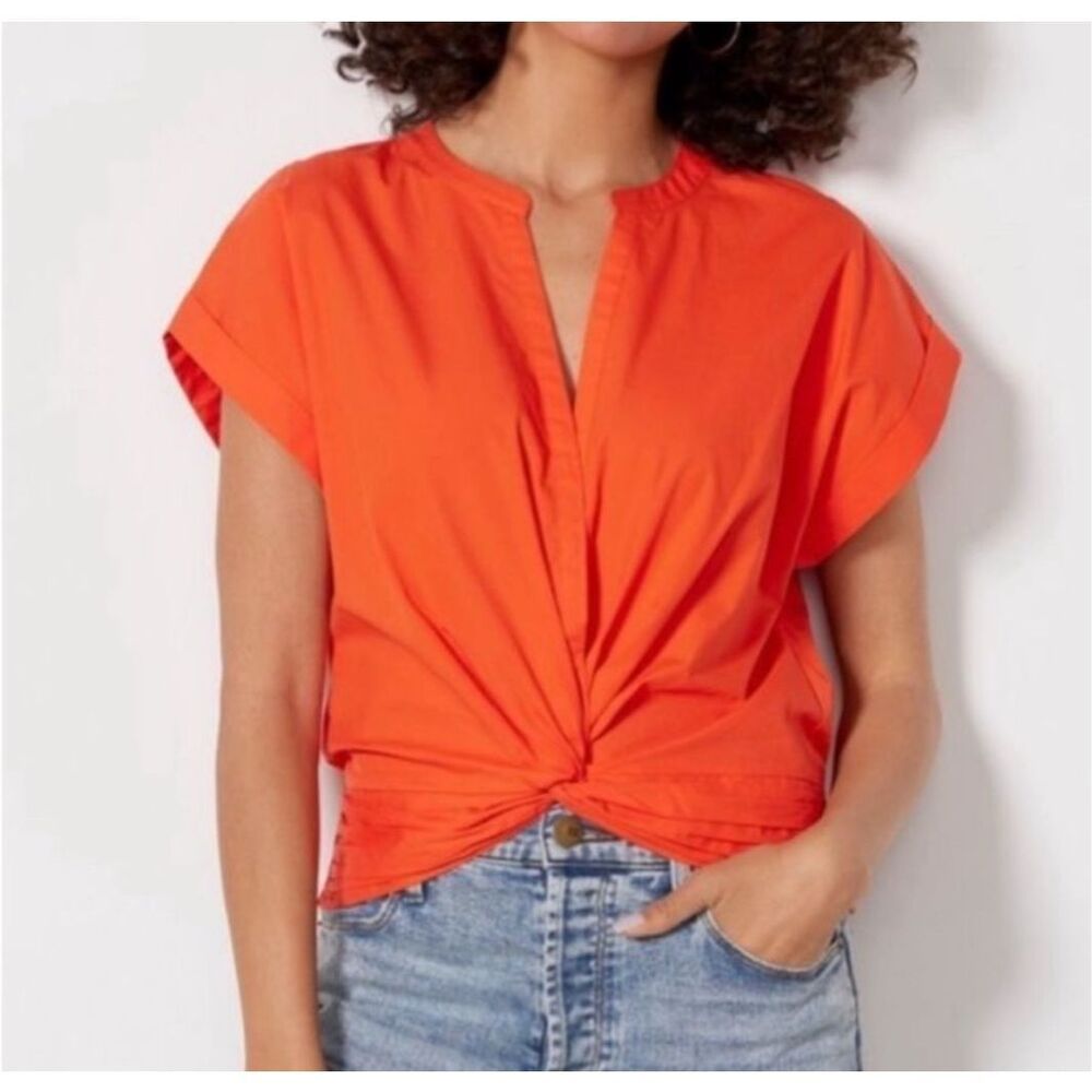 Evereve Orange Twist-Front Short Sleeve Blouse
